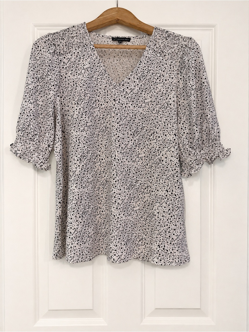 Adrianna Papell Large Black White Polka Dot Blouse Smocked Puff Sleeve V Neck